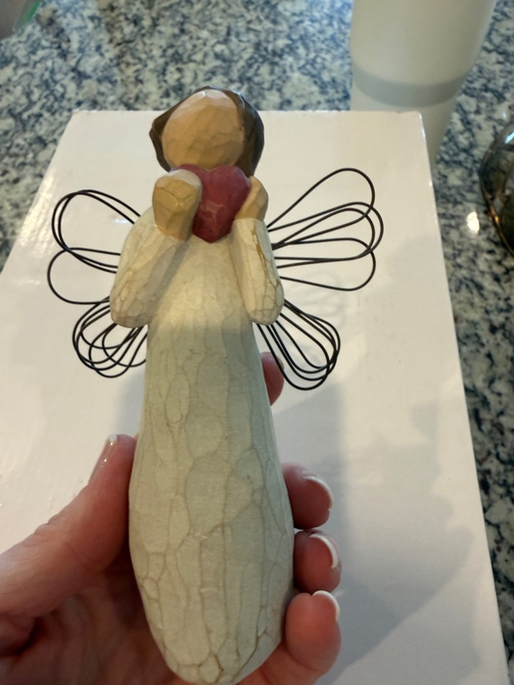 Demdaco Cream and Brown Willow Tree Angel Holding Red Heart Sculpture
